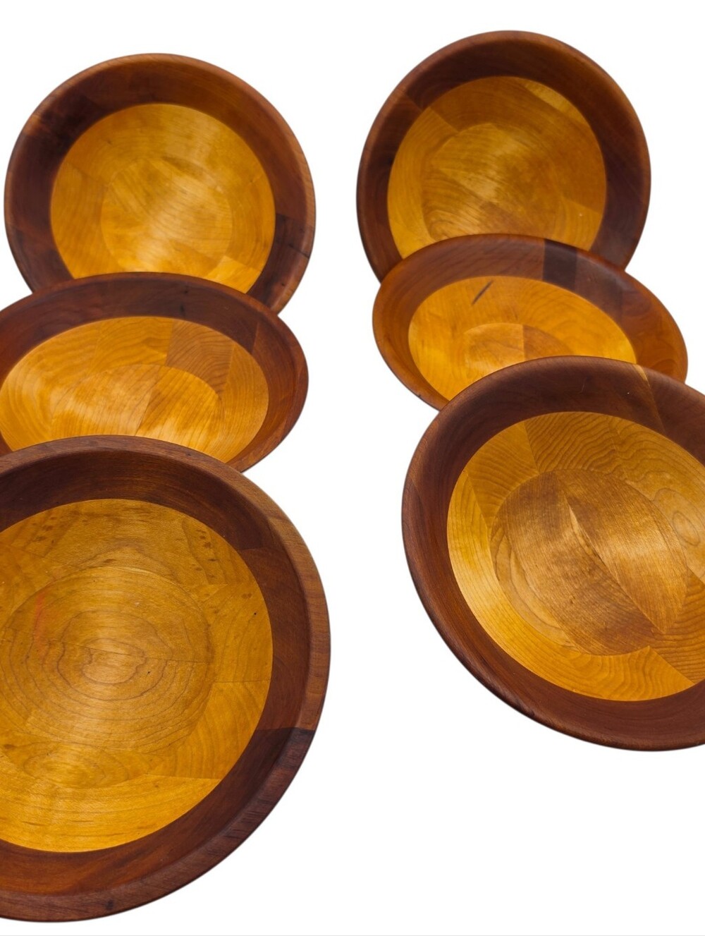 Vintage set of 6 segmented wooden salad bowls 8"